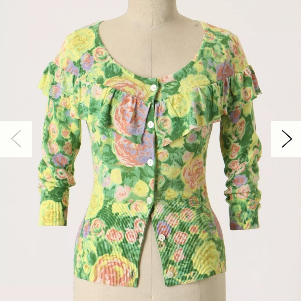 Anthropologie Floral Ruffle Cardigan Size M Cottagecore